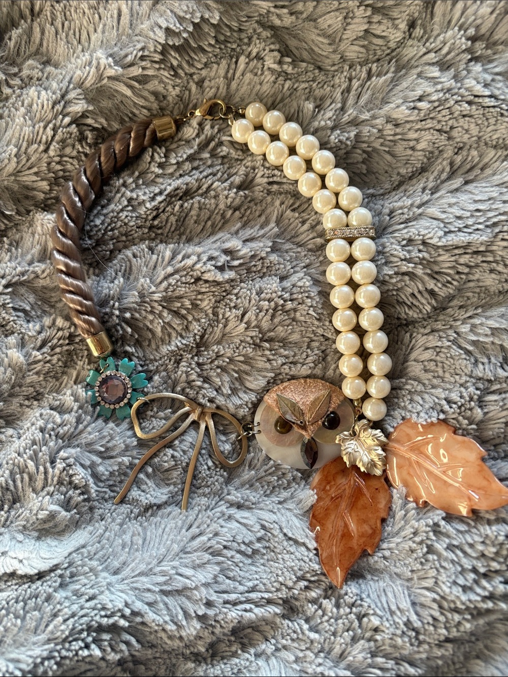 Ugg Stylish Owl & Leaf Statement Necklace - Pearl & Brown from Anthropologie